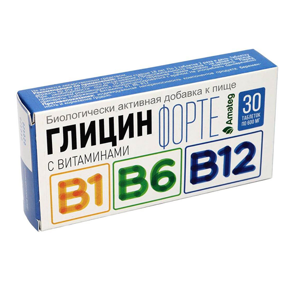 Amateg Глицин форте с витаминами В1, В6, В12 таблетки 600мг 30шт